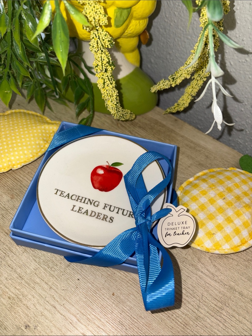 Teaching Future Leaders Luxe Blue Gift Box Trinket Dish with Red Apple Motif